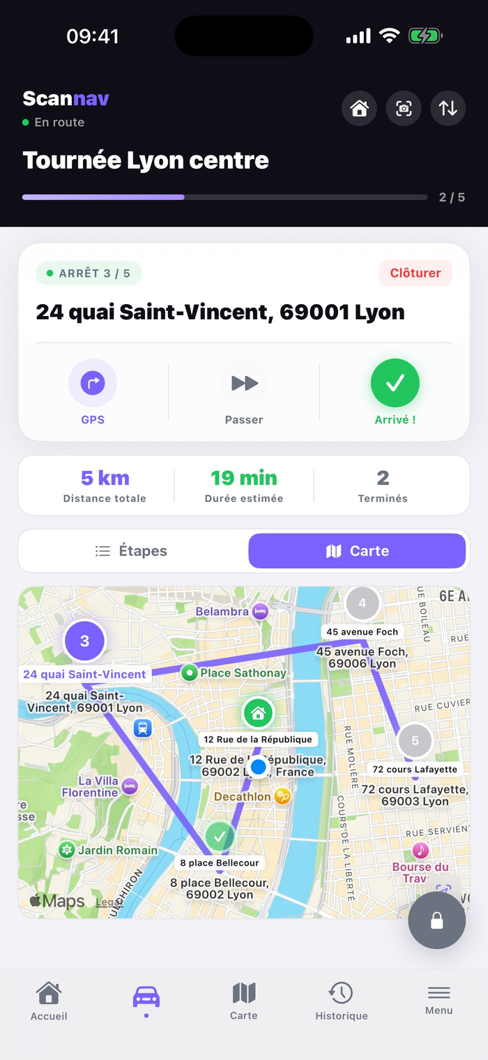 Tournée optimisée sur la carte